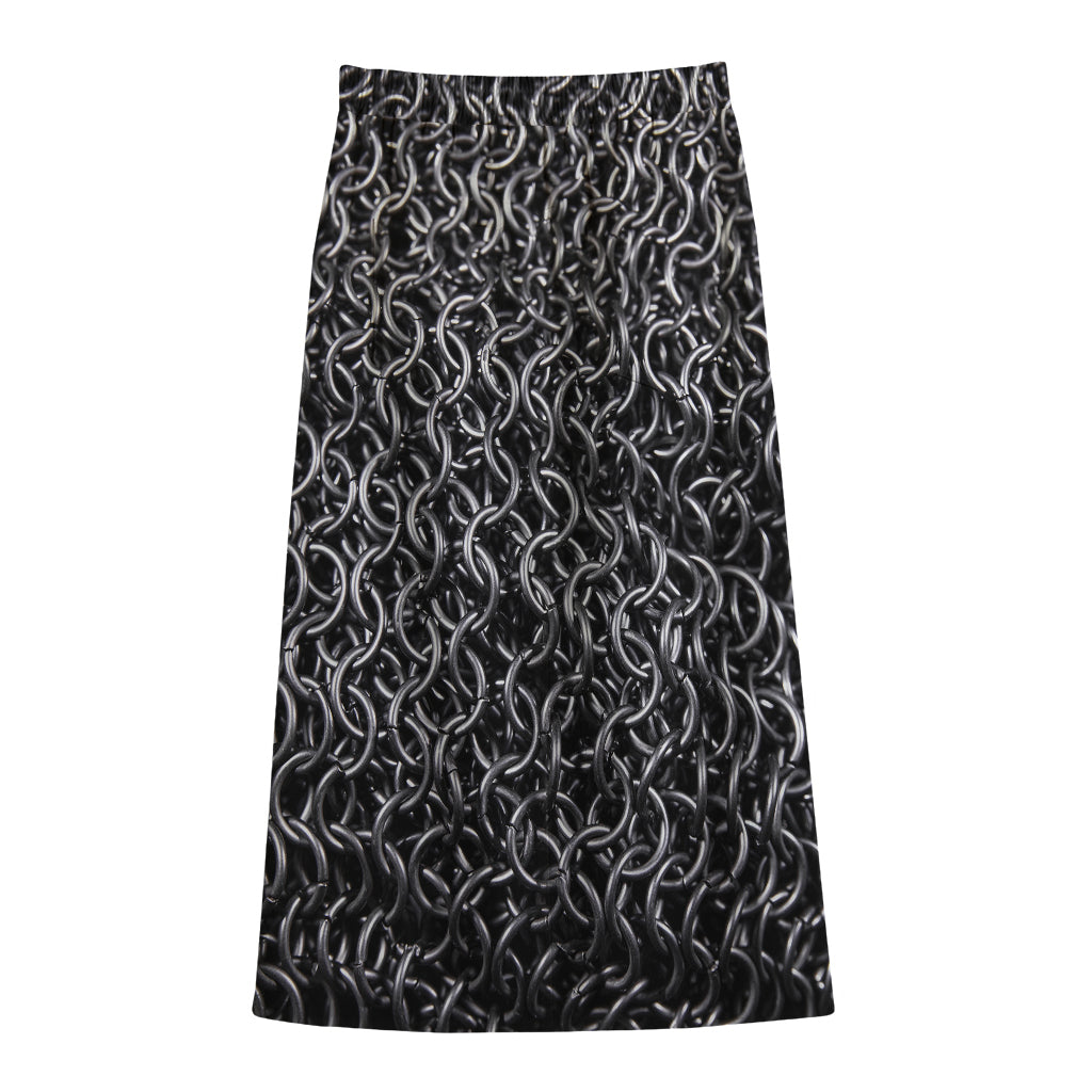 Silver Chainmail Print Cotton Front Slit Maxi Skirt