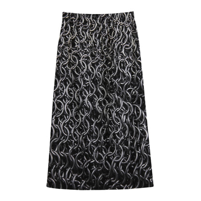 Silver Chainmail Print Cotton Front Slit Maxi Skirt