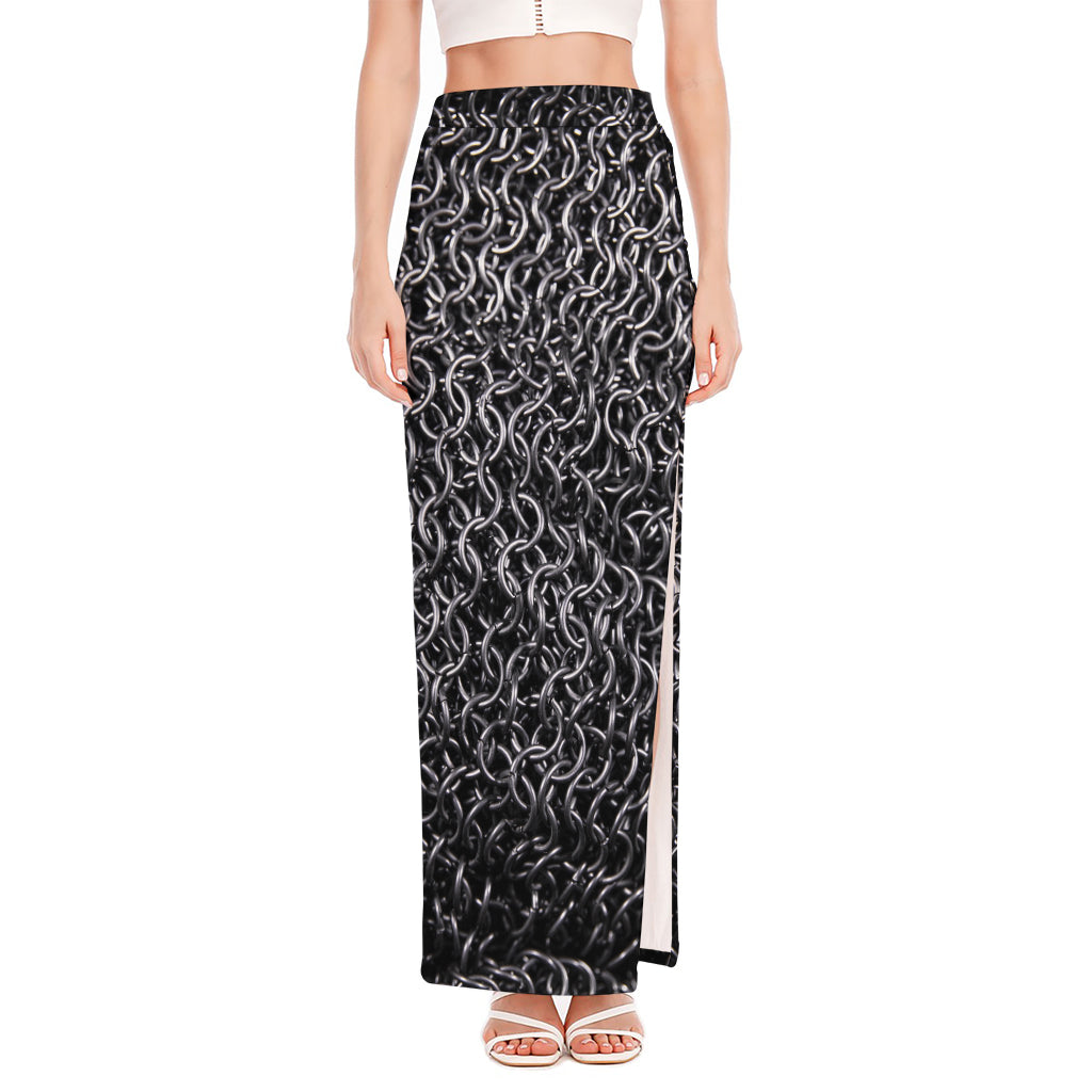 Silver Chainmail Print High Slit Maxi Skirt