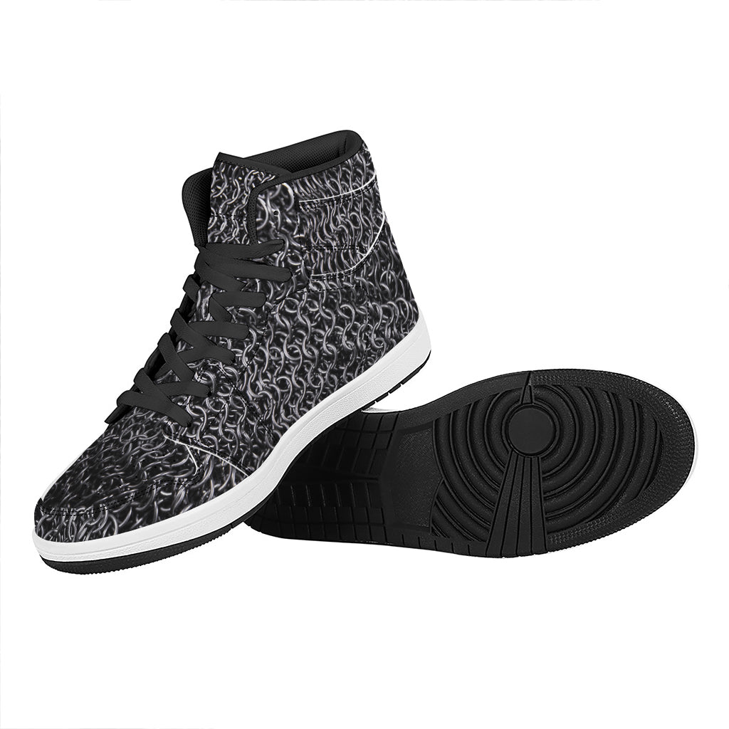 Silver Chainmail Print High Top Leather Sneakers