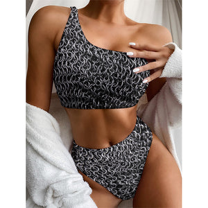 Silver Chainmail Print One Shoulder Bikini Top