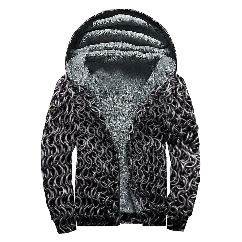 Silver Chainmail Print Sherpa Lined Zip Up Hoodie