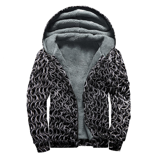 Silver Chainmail Print Sherpa Lined Zip Up Hoodie