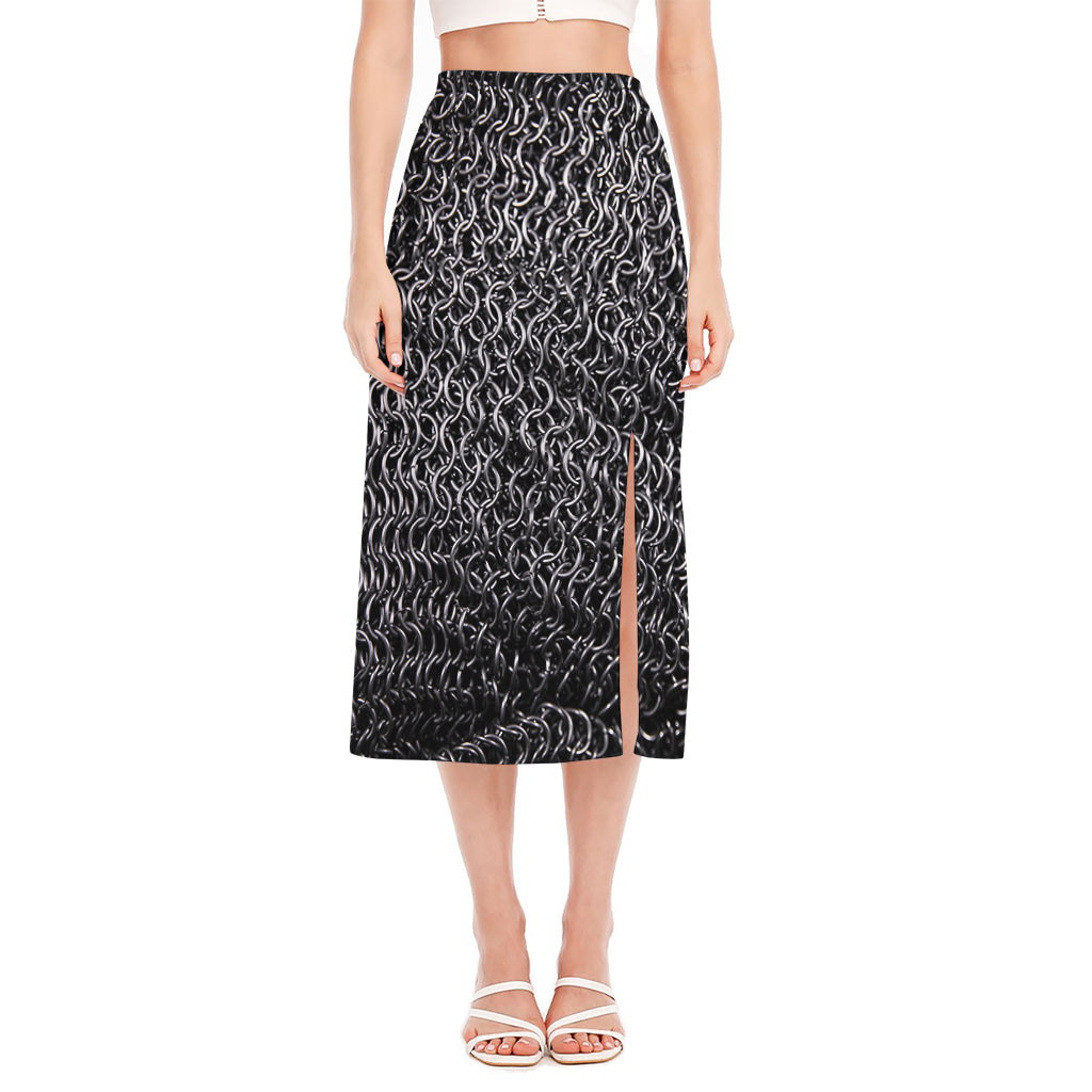 Silver Chainmail Print Side Slit Midi Skirt