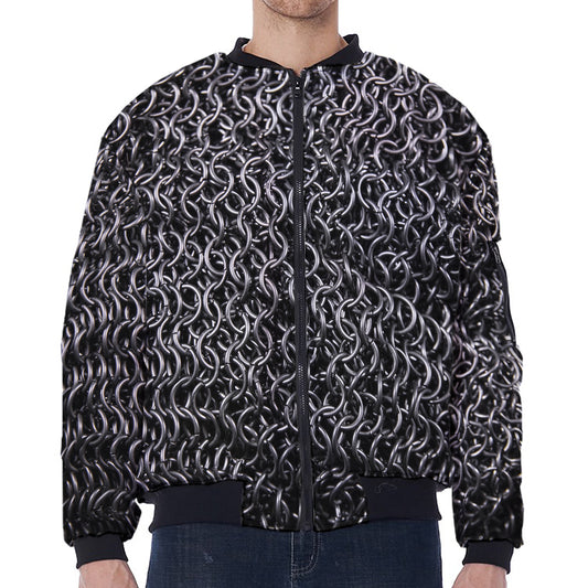 Silver Chainmail Print Zip Sleeve Bomber Jacket