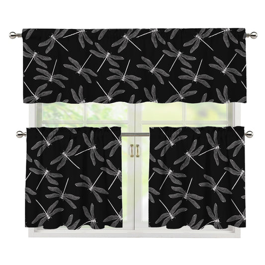 Silver Dragonfly Pattern Print 3 Piece Kitchen Curtains