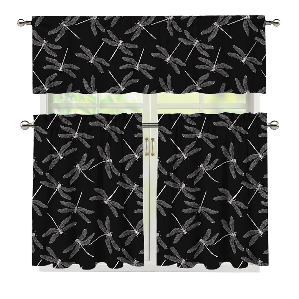Silver Dragonfly Pattern Print 3 Piece Kitchen Curtains