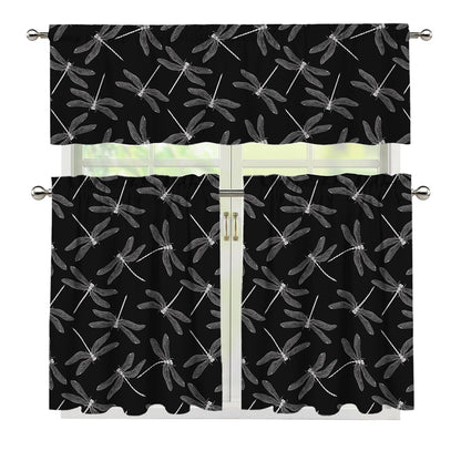 Silver Dragonfly Pattern Print 3 Piece Kitchen Curtains