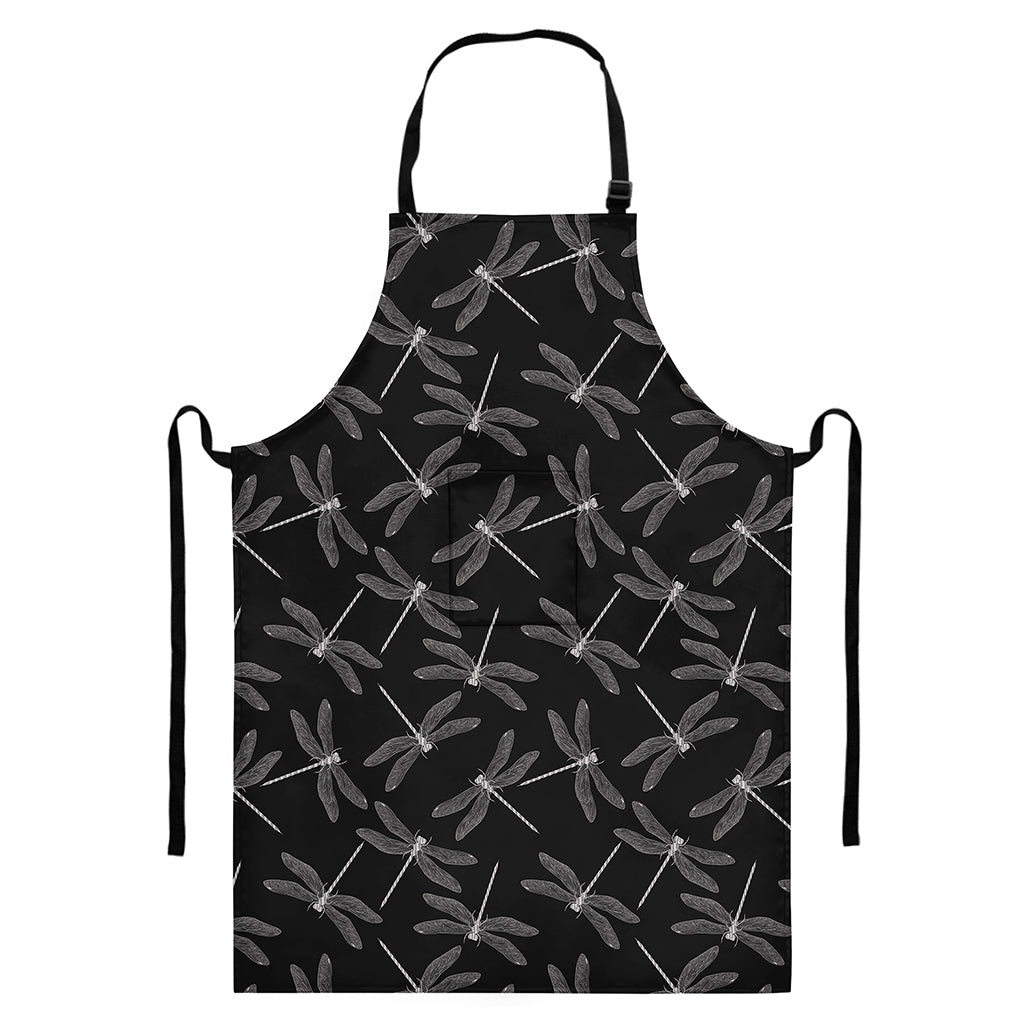 Silver Dragonfly Pattern Print Bib Apron With Pocket