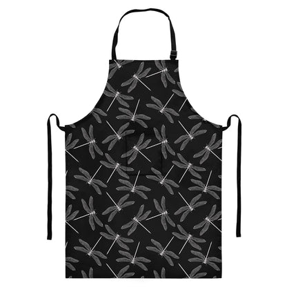 Silver Dragonfly Pattern Print Bib Apron With Pocket