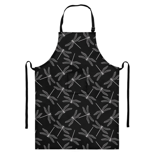 Silver Dragonfly Pattern Print Bib Apron With Pocket