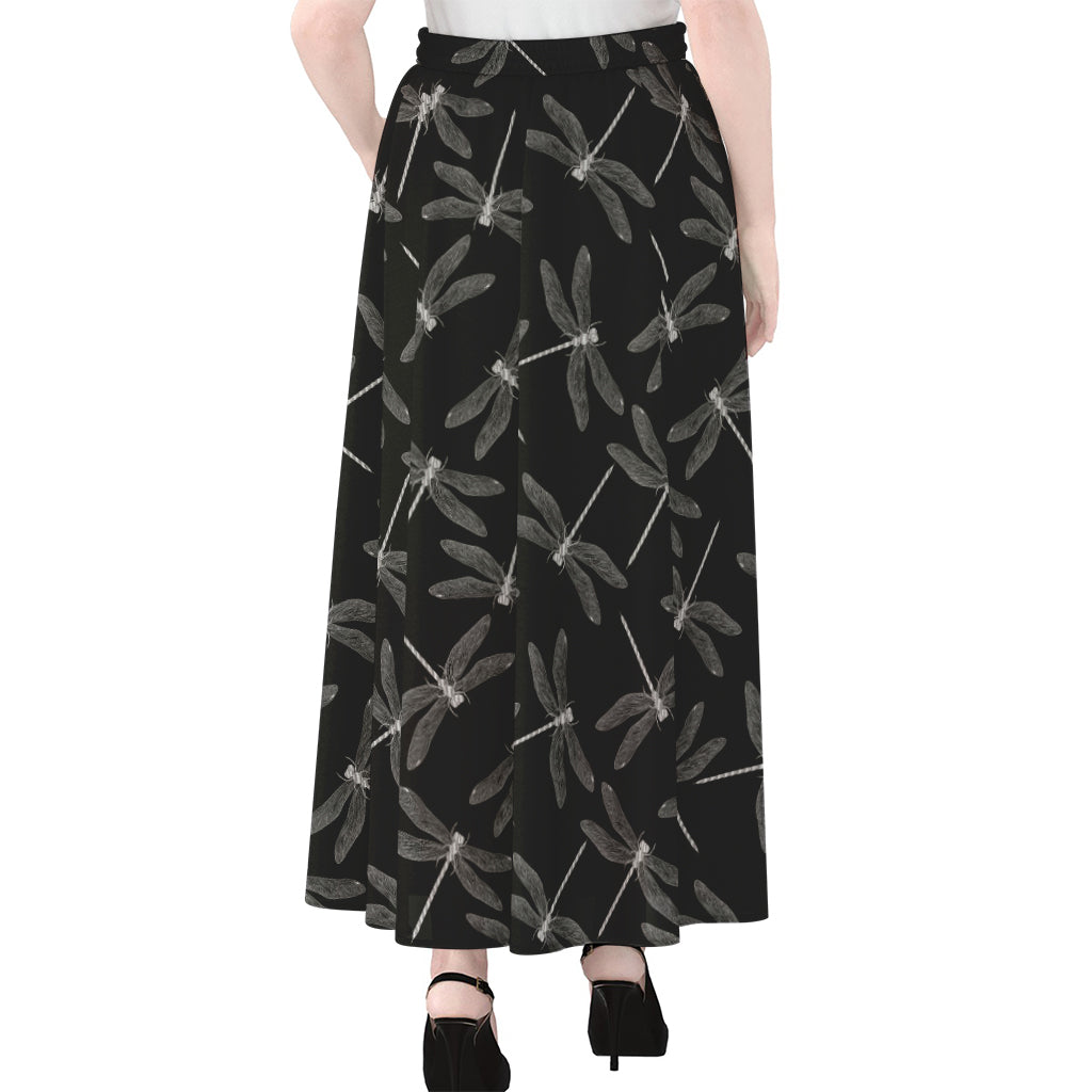 Silver Dragonfly Pattern Print Chiffon Maxi Skirt