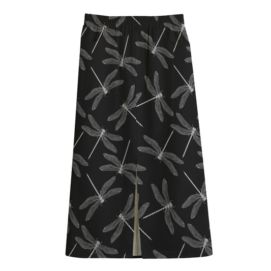 Silver Dragonfly Pattern Print Cotton Front Slit Maxi Skirt