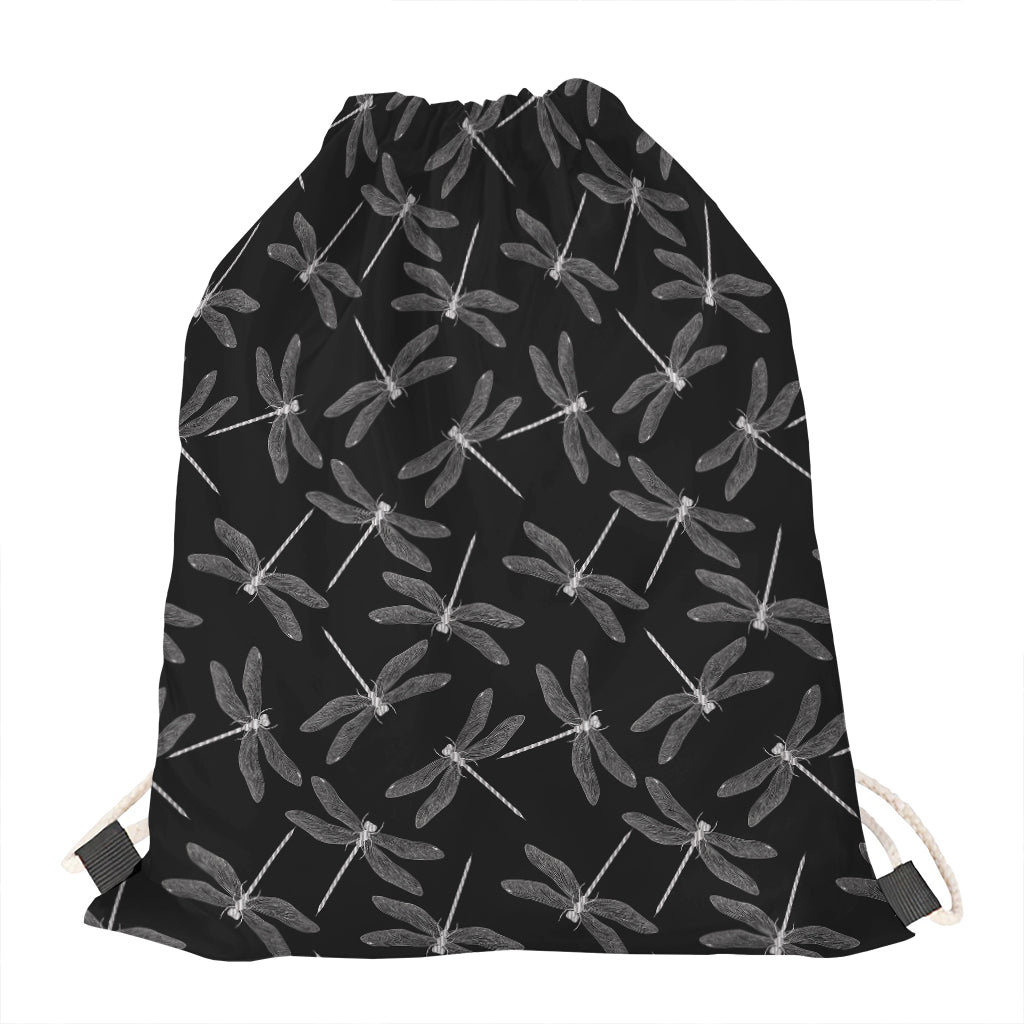 Silver Dragonfly Pattern Print Drawstring Bag