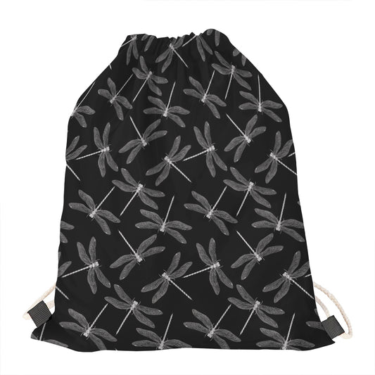 Silver Dragonfly Pattern Print Drawstring Bag