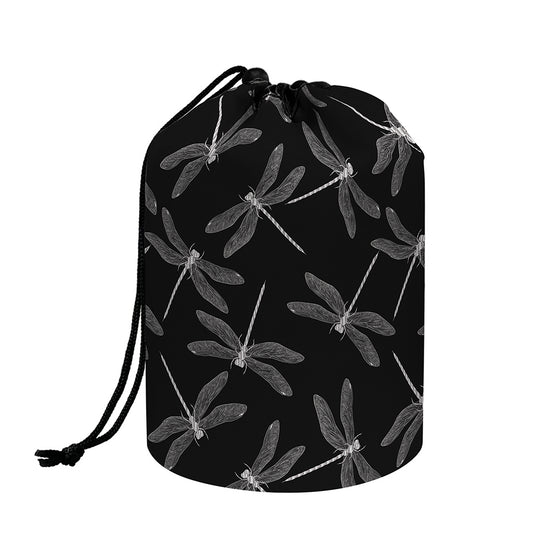 Silver Dragonfly Pattern Print Drawstring Makeup Bag
