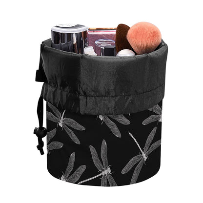 Silver Dragonfly Pattern Print Drawstring Makeup Bag