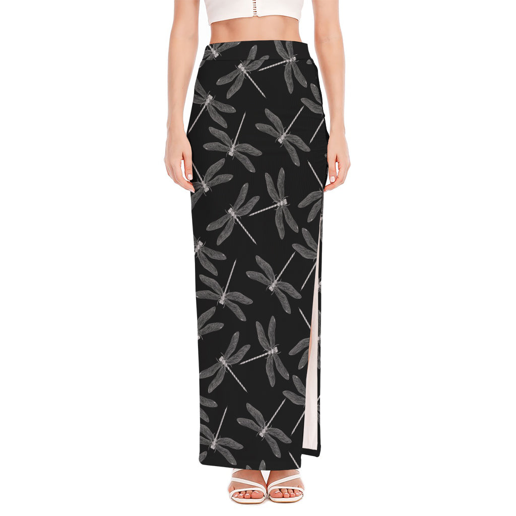 Silver Dragonfly Pattern Print High Slit Maxi Skirt