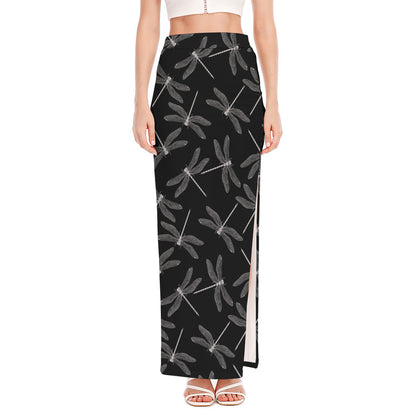 Silver Dragonfly Pattern Print High Slit Maxi Skirt