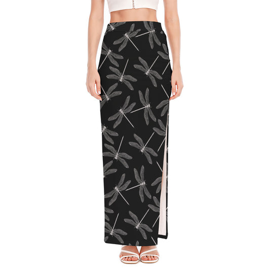 Silver Dragonfly Pattern Print High Slit Maxi Skirt