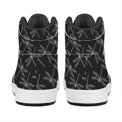 Silver Dragonfly Pattern Print High Top Leather Sneakers