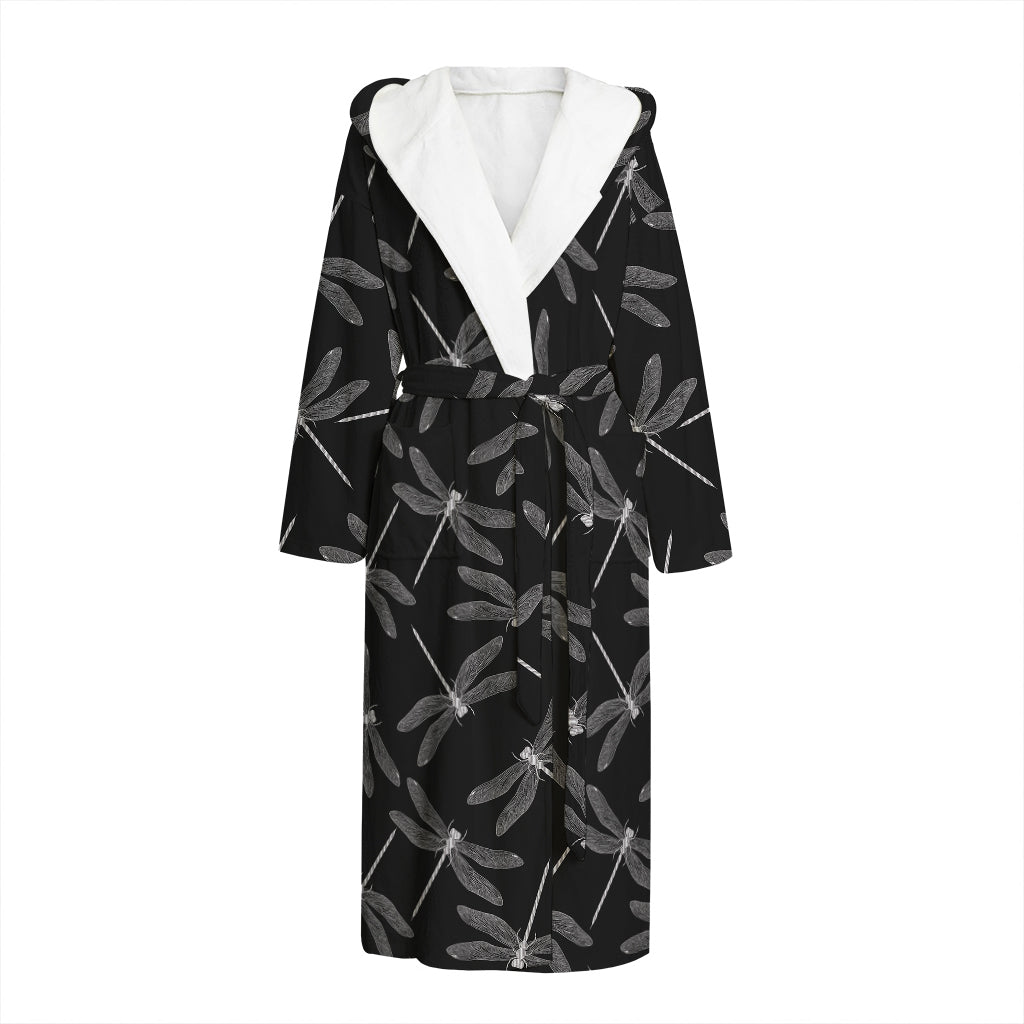 Silver Dragonfly Pattern Print Hooded Bathrobe