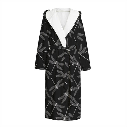 Silver Dragonfly Pattern Print Hooded Bathrobe