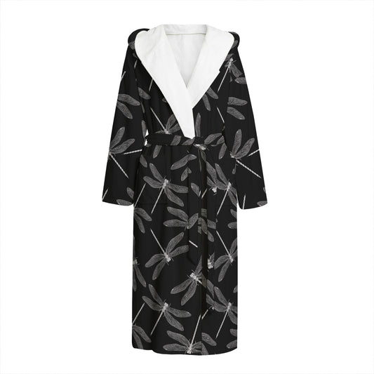 Silver Dragonfly Pattern Print Hooded Bathrobe