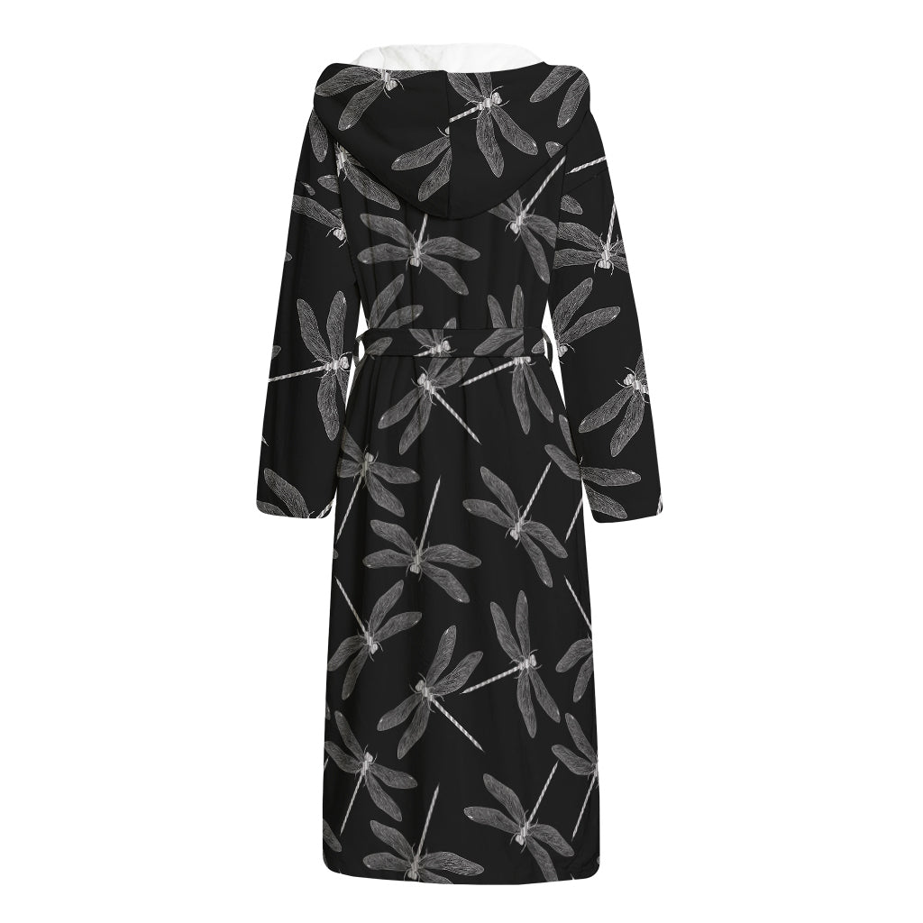 Silver Dragonfly Pattern Print Hooded Bathrobe