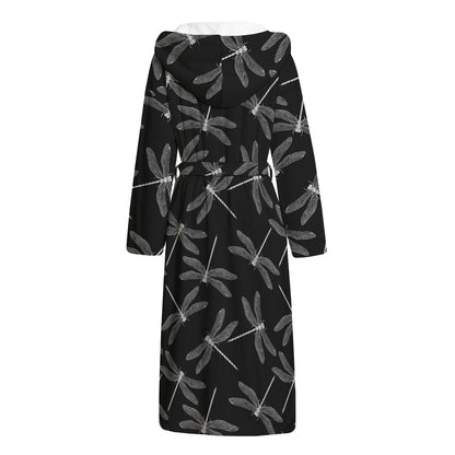 Silver Dragonfly Pattern Print Hooded Bathrobe