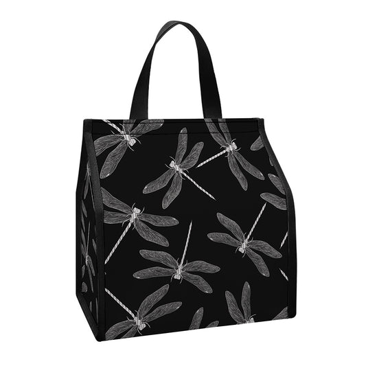Silver Dragonfly Pattern Print Insulated Lunch Tote