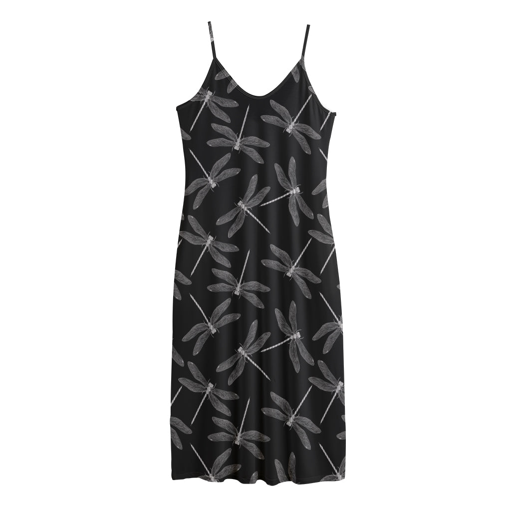 Silver Dragonfly Pattern Print Jersey Midi Cami Dress