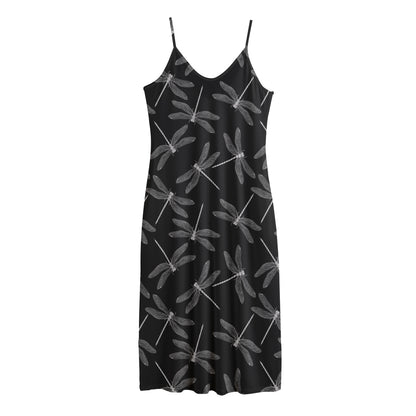 Silver Dragonfly Pattern Print Jersey Midi Cami Dress
