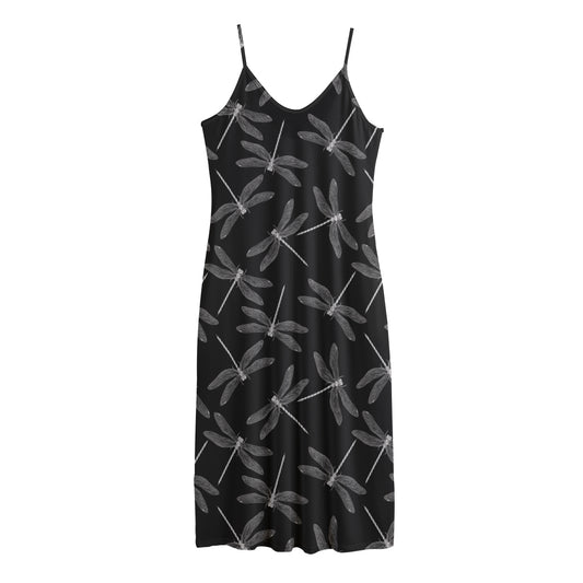 Silver Dragonfly Pattern Print Jersey Midi Cami Dress