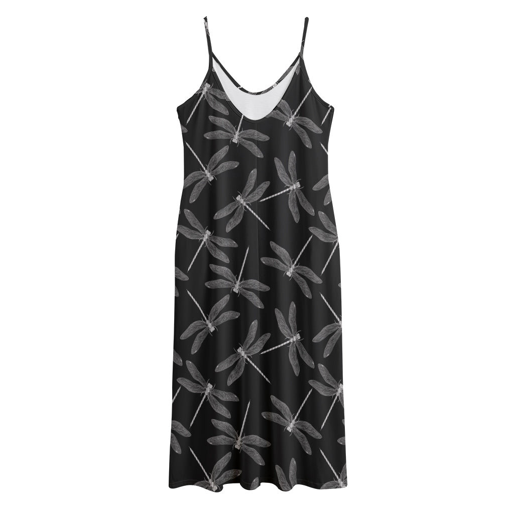 Silver Dragonfly Pattern Print Jersey Midi Cami Dress