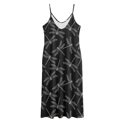Silver Dragonfly Pattern Print Jersey Midi Cami Dress