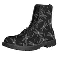 Silver Dragonfly Pattern Print Lace-Up Boots