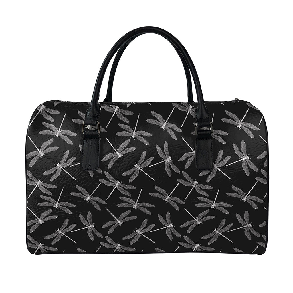 Silver Dragonfly Pattern Print Leather Duffle Bag