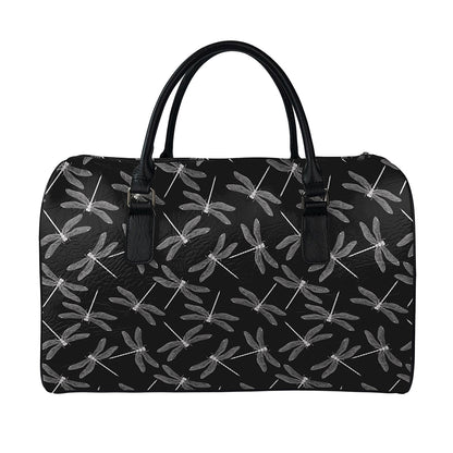 Silver Dragonfly Pattern Print Leather Duffle Bag