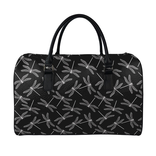 Silver Dragonfly Pattern Print Leather Duffle Bag