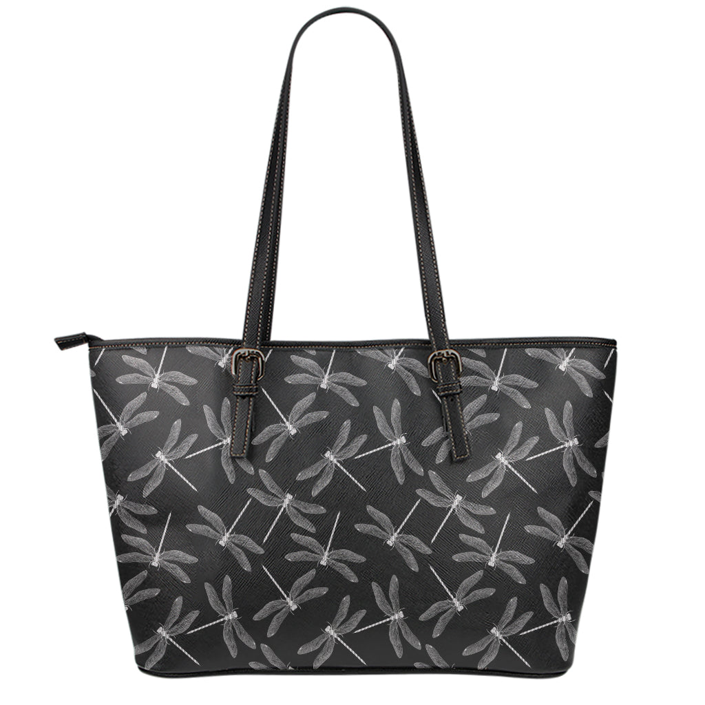 Silver Dragonfly Pattern Print Leather Tote Bag