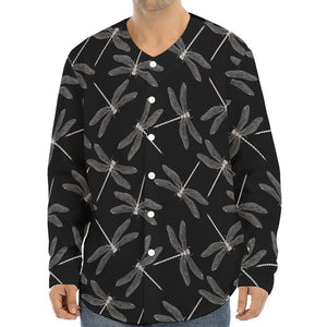 Silver Dragonfly Pattern Print Long Sleeve Baseball Jersey