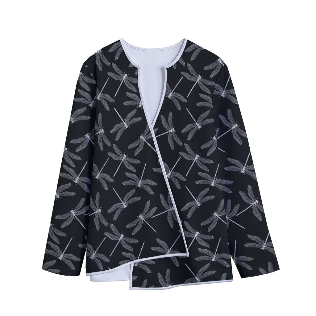 Silver Dragonfly Pattern Print Long Sleeve Short Coat