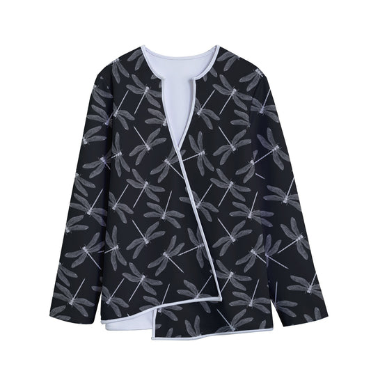 Silver Dragonfly Pattern Print Long Sleeve Short Coat