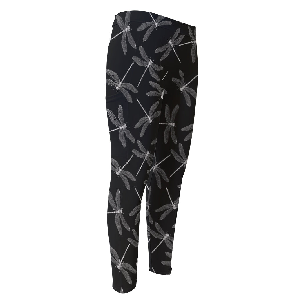 Silver Dragonfly Pattern Print Men's Compression Pants