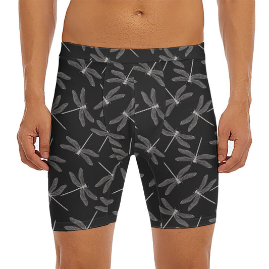 Silver Dragonfly Pattern Print Men's Long Boxer Briefs