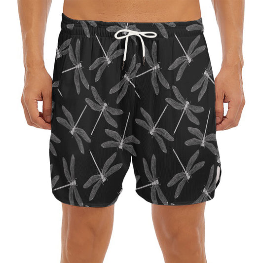 Silver Dragonfly Pattern Print Men's Split Running Shorts