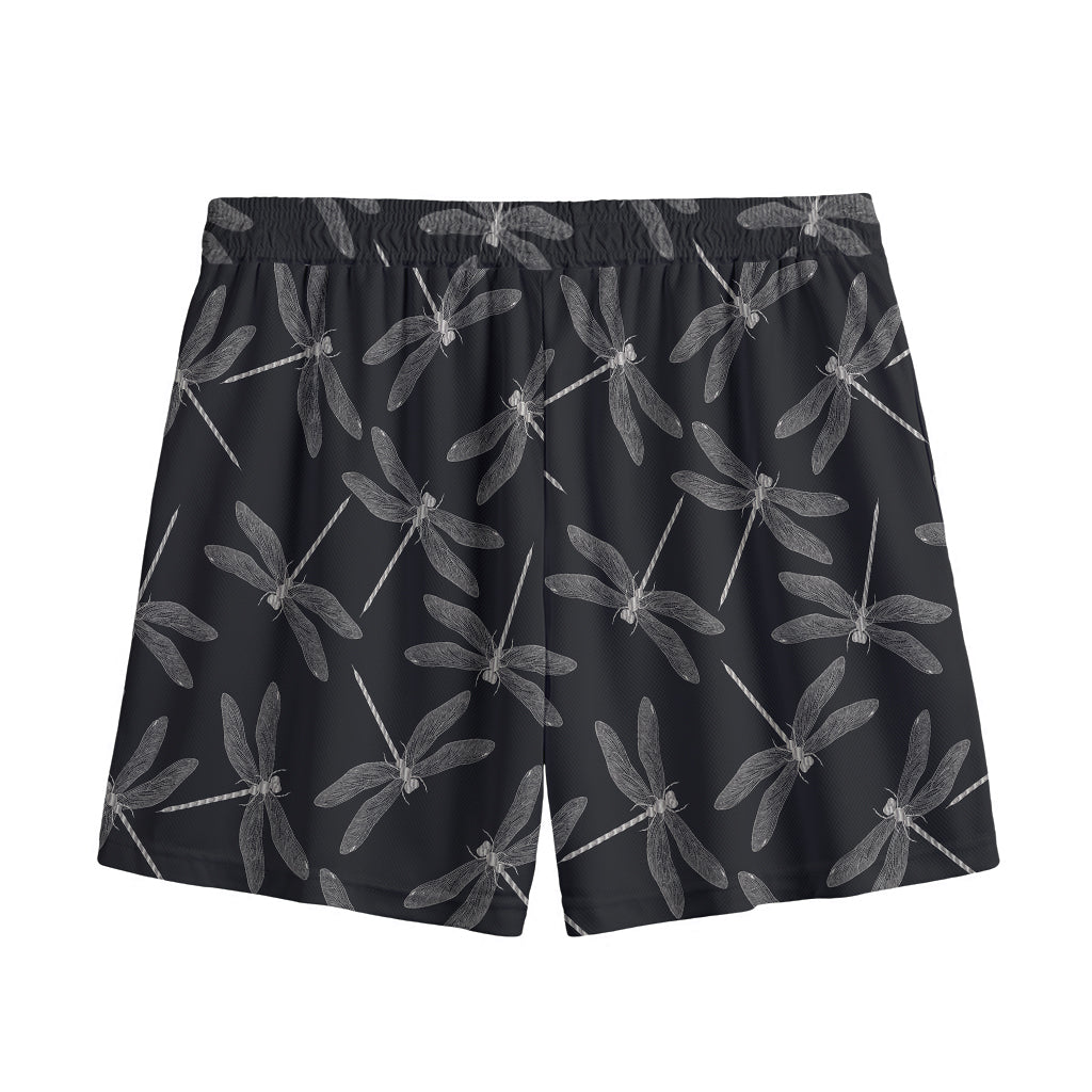 Silver Dragonfly Pattern Print Mesh Shorts