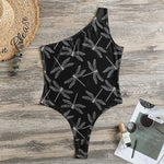Silver Dragonfly Pattern Print One Shoulder Bodysuit