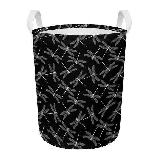 Silver Dragonfly Pattern Print Round Laundry Basket